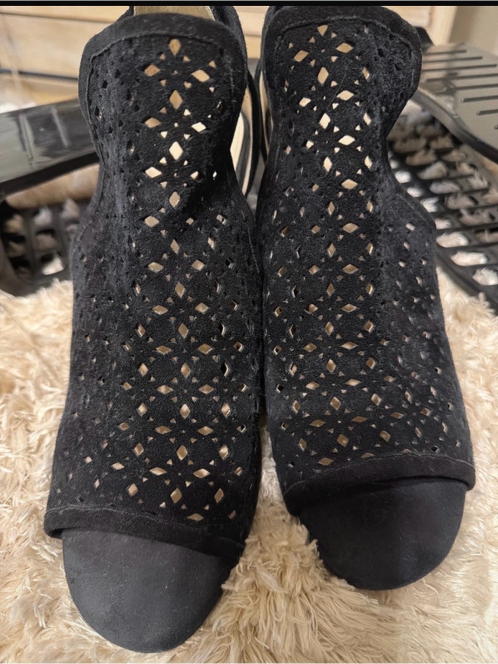 Cole Haan Black Laser-Cut Peep-Toe Wedge Booties